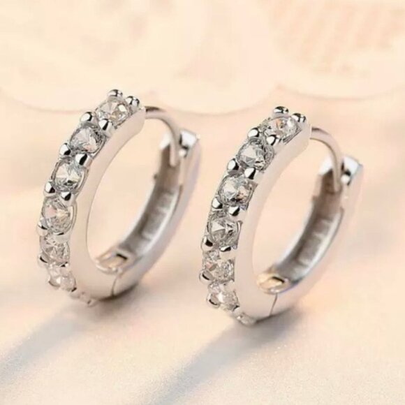 Cubic Zirconia Crystal &  Silver Hoop Earrings - Picture 2 of 5